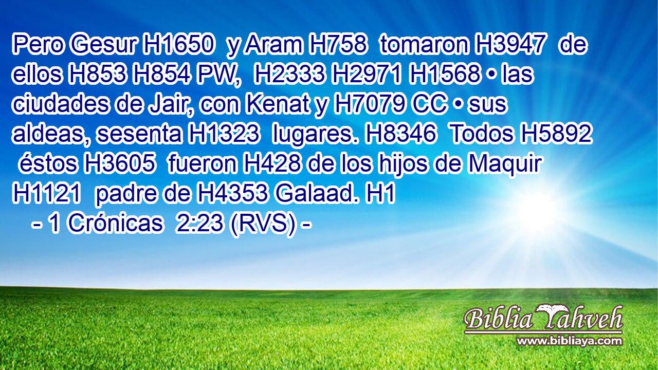 Pero Gesur H1650  y Aram H758  tomaron H3947  de ellos H853 H854 PW,  H2333 H2971 H1568 • las ciudades de Jair, con Kenat y H7079 CC • sus aldeas, sesenta H1323  lugares. H8346  Todos H5892  éstos H3605  fueron H428 de los hijos de Maquir H1121  padre de H4353 Galaad. H1  