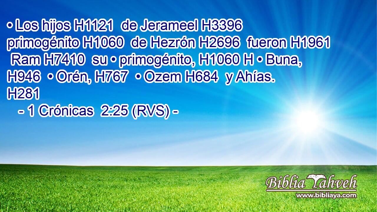 • Los hijos H1121  de Jerameel H3396  primogénito H1060  de Hezrón H2696  fueron H1961  Ram H7410  su • primogénito, H1060 H • Buna, H946  • Orén, H767  • Ozem H684  y Ahías. H281  