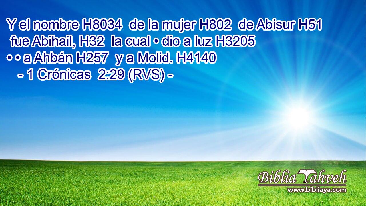 Y el nombre H8034  de la mujer H802  de Abisur H51  fue Abihail, H32  la cual • dio a luz H3205  • • a Ahbán H257  y a Molid. H4140  