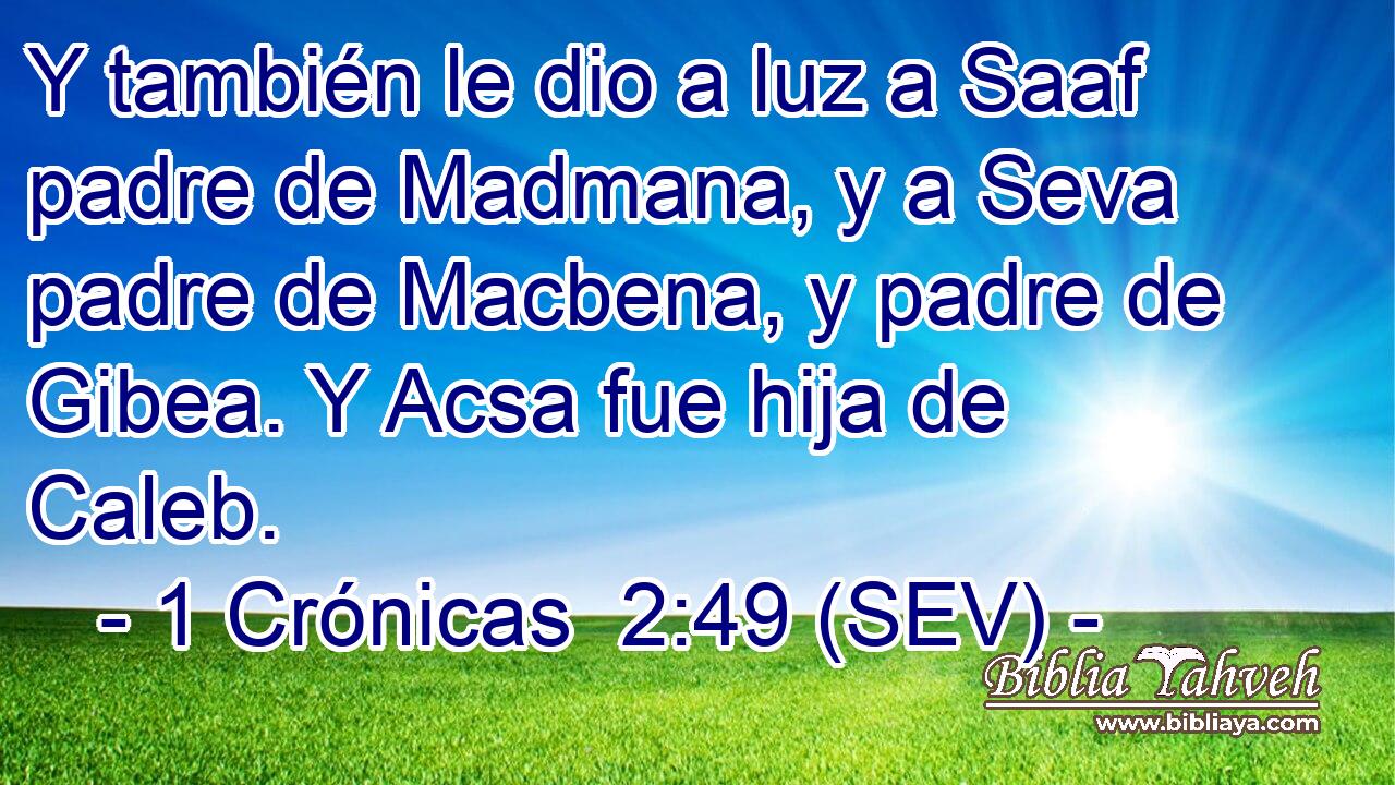 Y también le dio a luz a Saaf padre de Madmana, y a Seva padre de Macbena, y padre de Gibea. Y Acsa fue hija de Caleb.