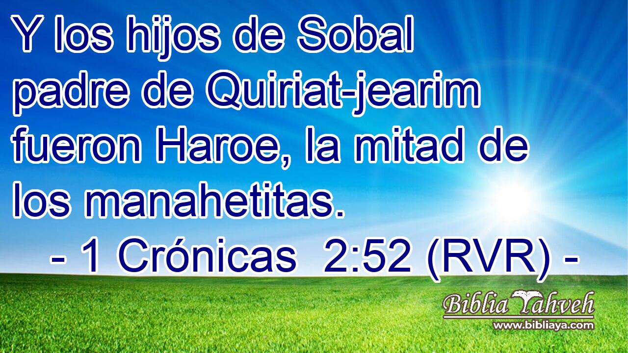 Y los hijos de Sobal padre de Quiriat-jearim fueron Haroe, la mitad de los manahetitas.