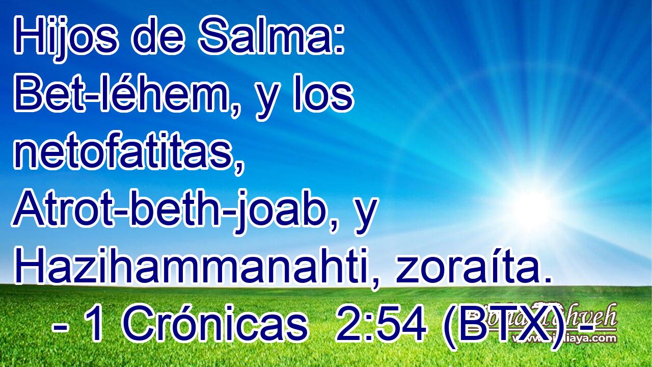 Hijos de Salma: Bet-léhem, y los netofatitas, Atrot-beth-joab, y Hazihammanahti, zoraíta.