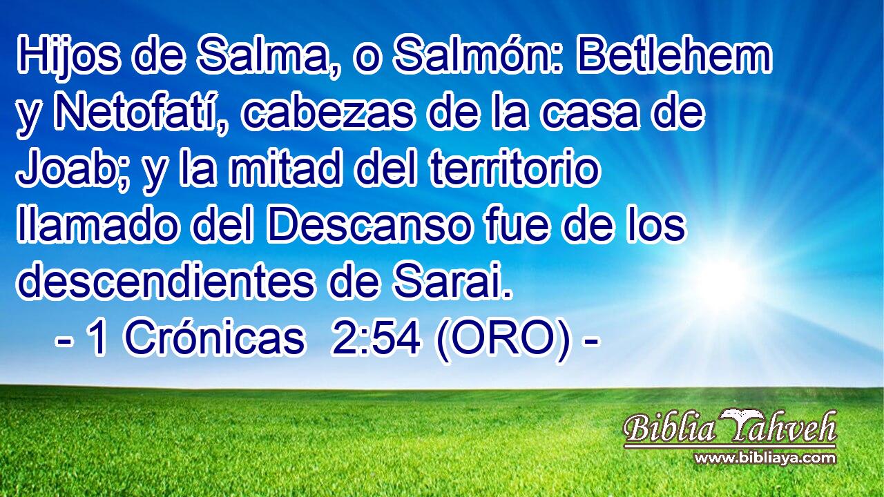  Hijos de Salma, o Salmón: Betlehem y Netofatí, cabezas de la casa de Joab; y la mitad del territorio llamado del Descanso fue de los descendientes de Sarai. 