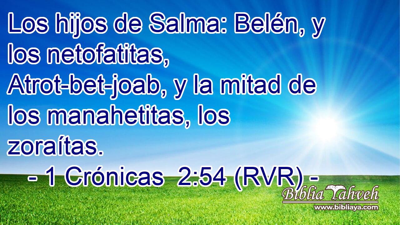 Los hijos de Salma: Belén, y los netofatitas, Atrot-bet-joab, y la mitad de los manahetitas, los zoraítas.