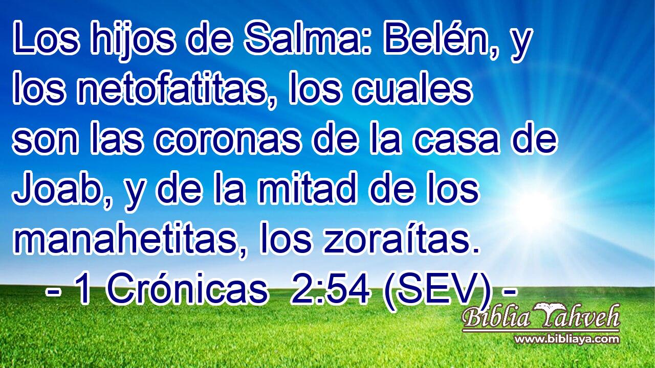 Los hijos de Salma: Belén, y los netofatitas, los cuales son las coronas de la casa de Joab, y de la mitad de los manahetitas, los zoraítas.