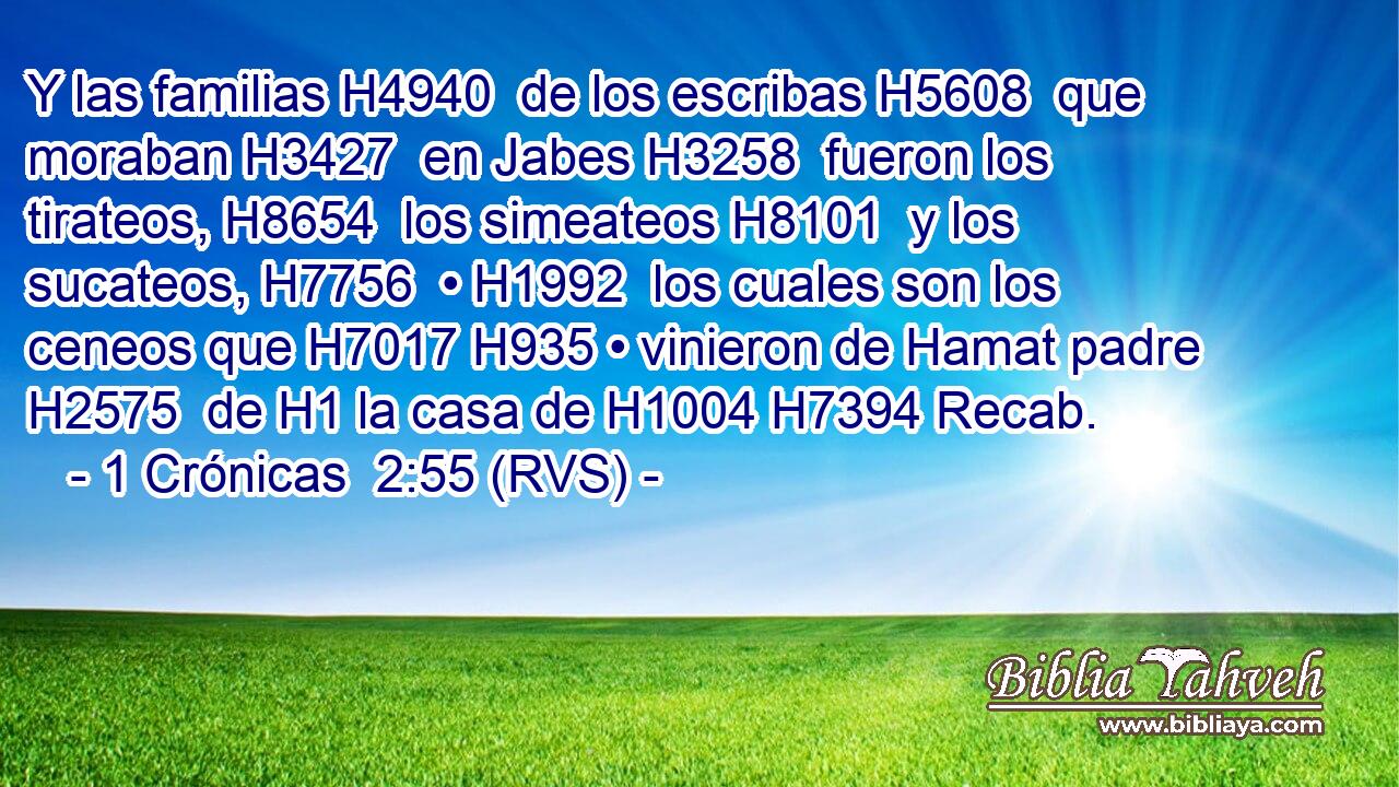 Y las familias H4940  de los escribas H5608  que moraban H3427  en Jabes H3258  fueron los tirateos, H8654  los simeateos H8101  y los sucateos, H7756  • H1992  los cuales son los ceneos que H7017 H935 • vinieron de Hamat padre H2575  de H1 la casa de H1004 H7394 Recab. 