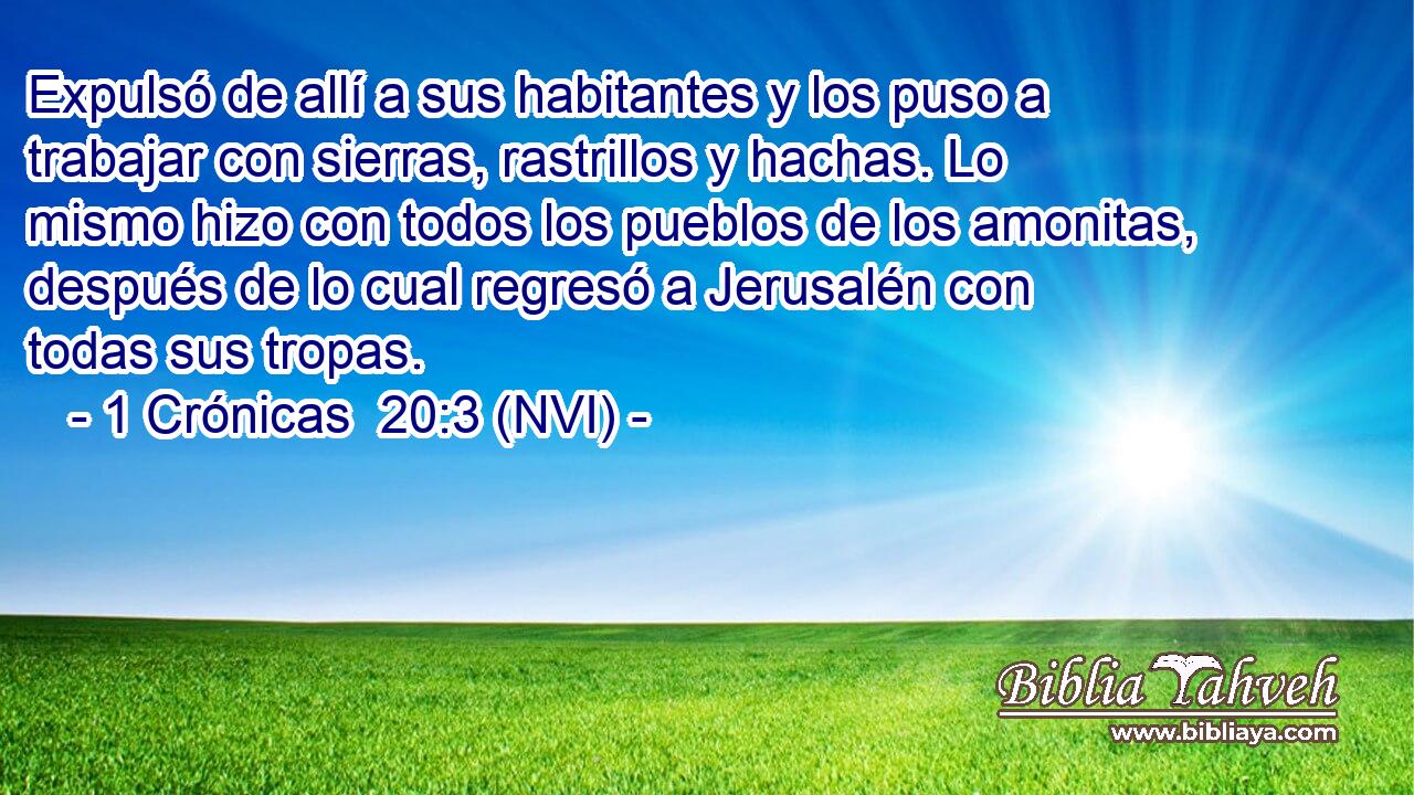  Expulsó de allí a sus habitantes y los puso a trabajar con sierras, rastrillos y hachas. Lo mismo hizo con todos los pueblos de los amonitas, después de lo cual regresó a Jerusalén con todas sus tropas. 