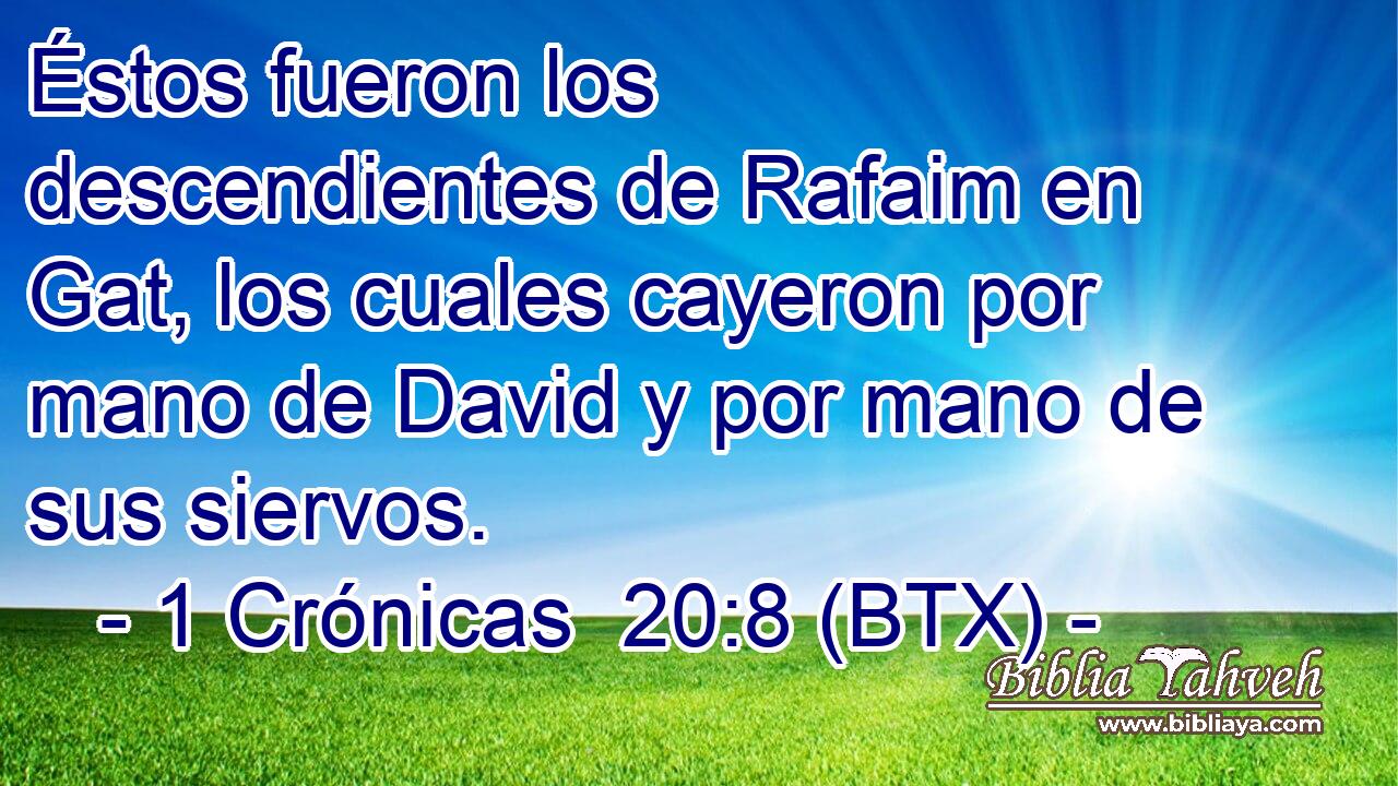 Éstos fueron los descendientes de Rafaim en Gat, los cuales cayeron por mano de David y por mano de sus siervos.
