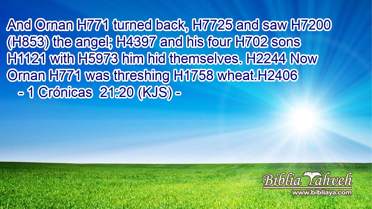 And Ornan H771 turned back, H7725 and saw H7200 (H853) the angel; H4397 and his four H702 sons H1121 with H5973 him hid themselves. H2244 Now Ornan H771 was threshing H1758 wheat.H2406