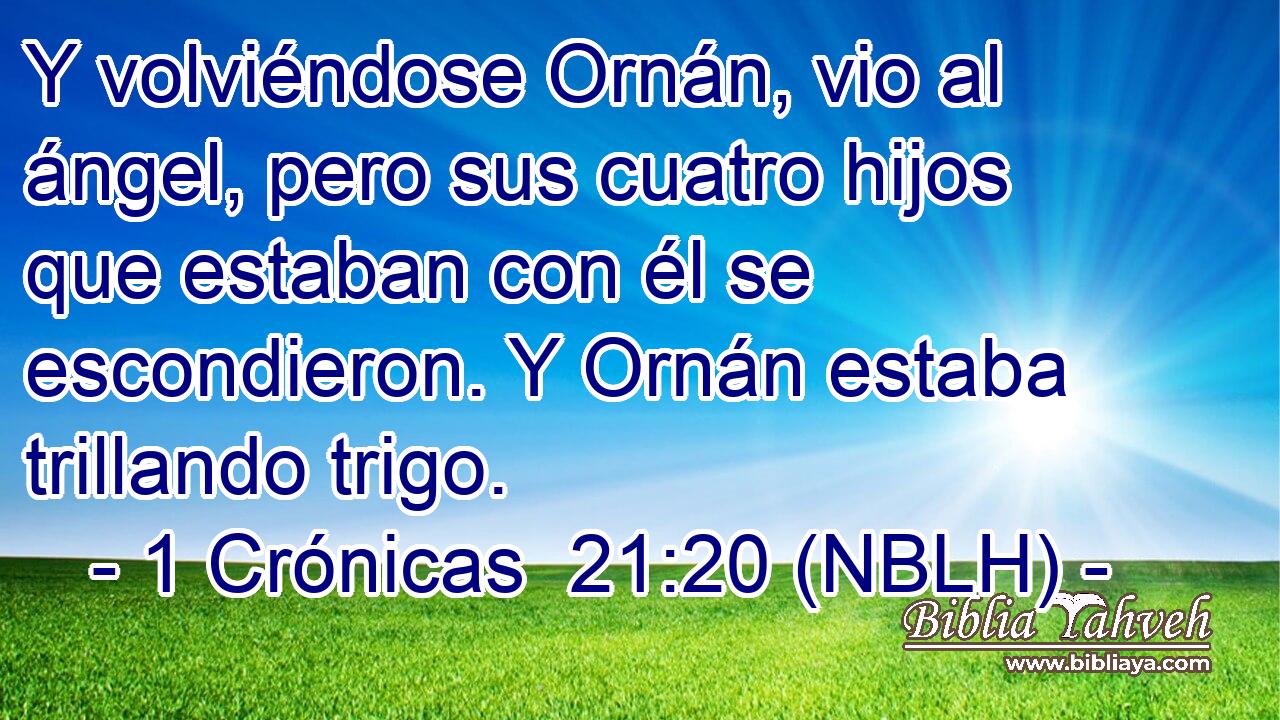  Y volviéndose Ornán, vio al ángel, pero sus cuatro hijos que estaban con él se escondieron. Y Ornán estaba trillando trigo. 