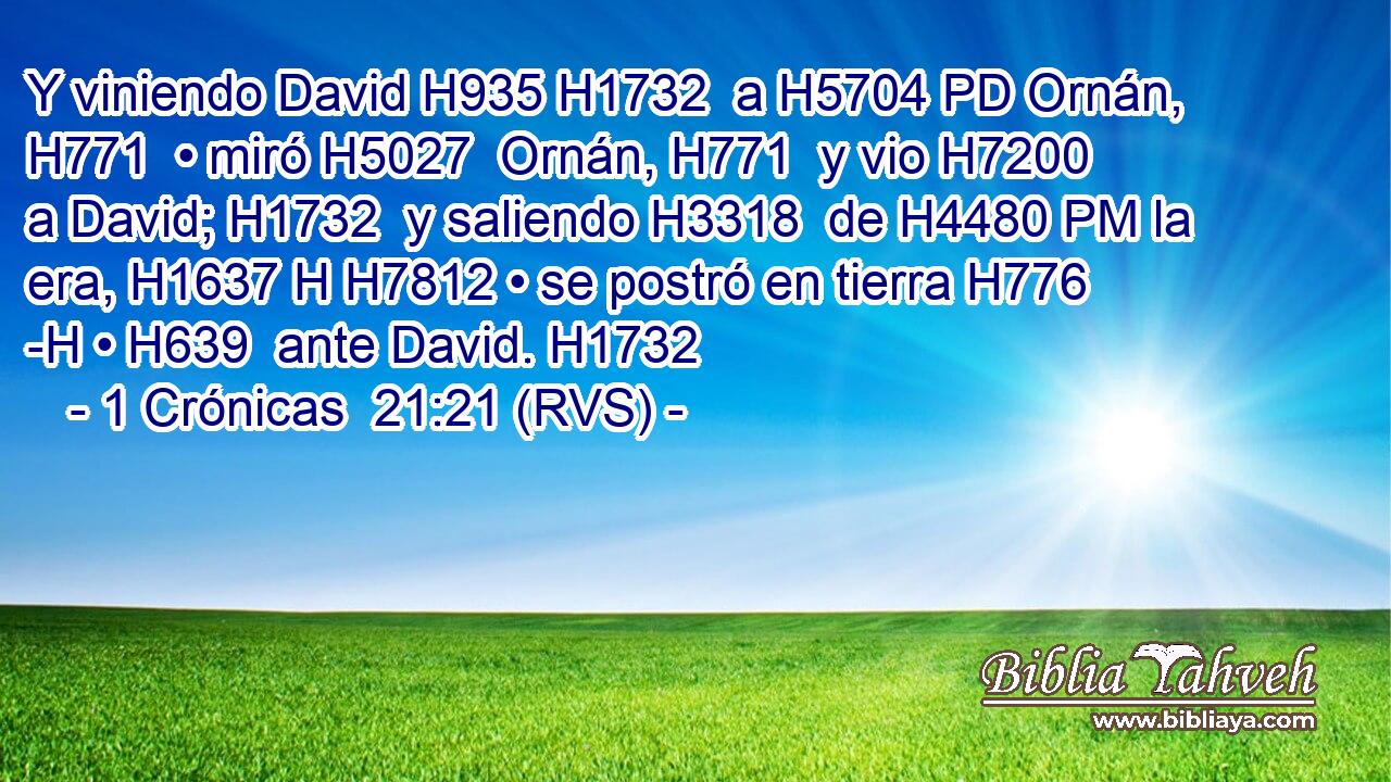 Y viniendo David H935 H1732  a H5704 PD Ornán, H771  • miró H5027  Ornán, H771  y vio H7200  a David; H1732  y saliendo H3318  de H4480 PM la era, H1637 H H7812 • se postró en tierra H776 -H • H639  ante David. H1732  