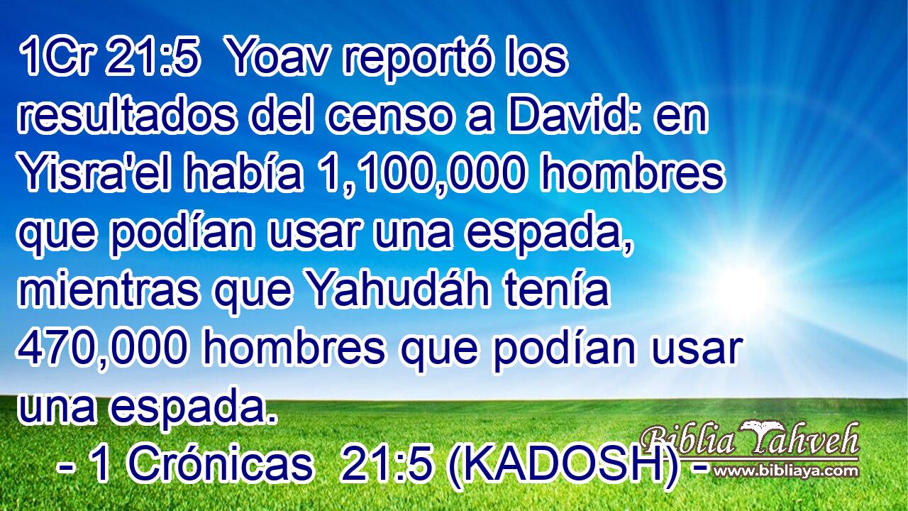  Yoav reportó los resultados del censo a David: en Yisra'el había 1,100,000 hombres que podían usar una espada, mientras que Yahudáh tenía 470,000 hombres que podían usar una espada. 