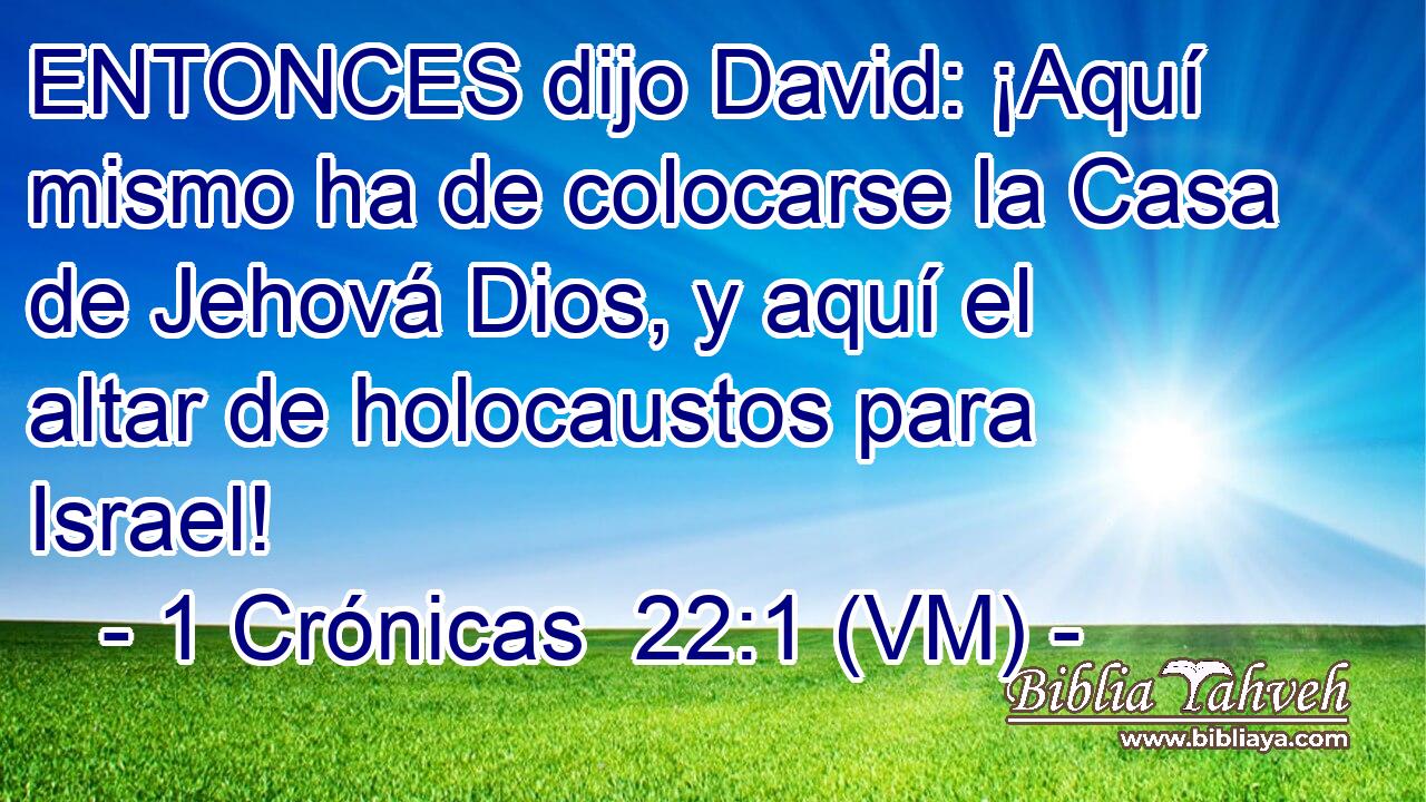  ENTONCES dijo David: ¡Aquí mismo ha de colocarse la Casa de Jehová Dios, y aquí el altar de holocaustos para Israel! 
