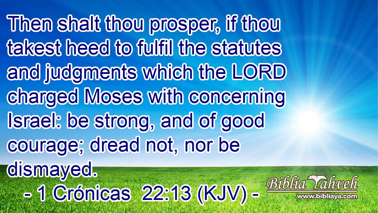 Then shalt thou prosper, if thou takest heed to fulfil the statutes and judgments which the LORD charged Moses with concerning Israel: be strong, and of good courage; dread not, nor be dismayed.