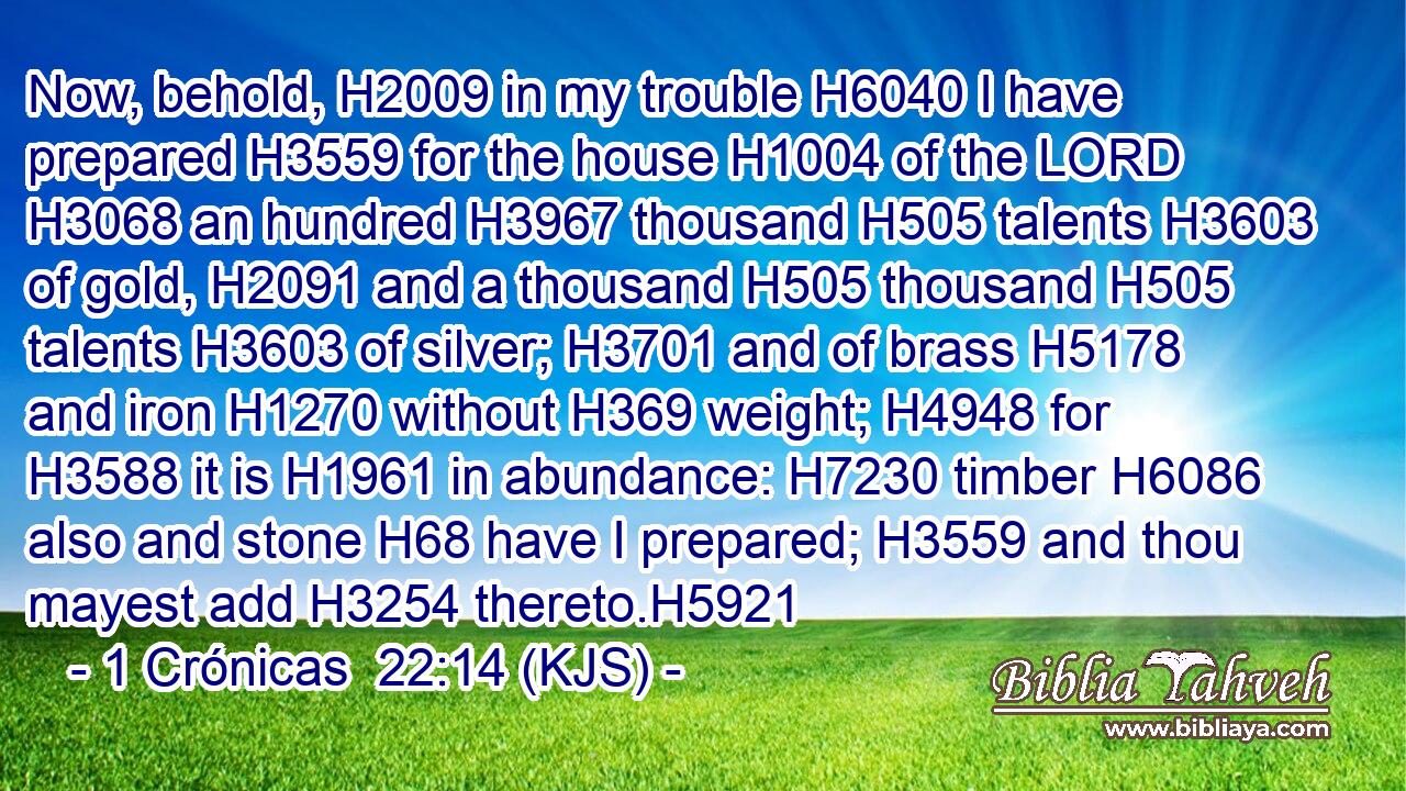 Now, behold, H2009 in my trouble H6040 I have prepared H3559 for the house H1004 of the LORD H3068 an hundred H3967 thousand H505 talents H3603 of gold, H2091 and a thousand H505 thousand H505 talents H3603 of silver; H3701 and of brass H5178 and iron H1270 without H369 weight; H4948 for H3588 it is H1961 in abundance: H7230 timber H6086 also and stone H68 have I prepared; H3559 and thou mayest add H3254 thereto.H5921