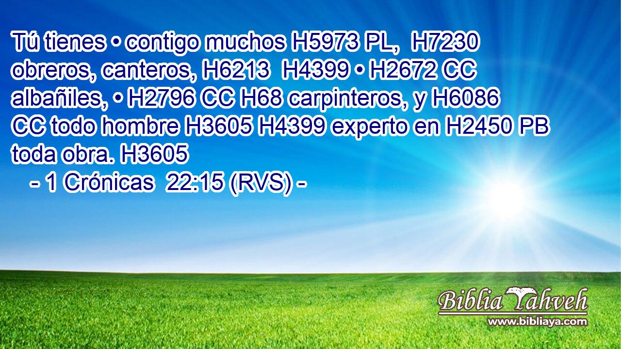 Tú tienes • contigo muchos H5973 PL,  H7230 obreros, canteros, H6213  H4399 • H2672 CC albañiles, • H2796 CC H68 carpinteros, y H6086 CC todo hombre H3605 H4399 experto en H2450 PB toda obra. H3605  