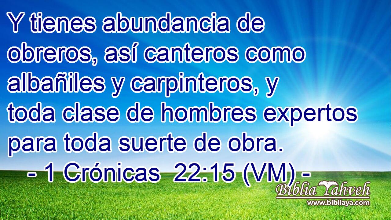  Y tienes abundancia de obreros, así canteros como albañiles y carpinteros, y toda clase de hombres expertos para toda suerte de obra. 