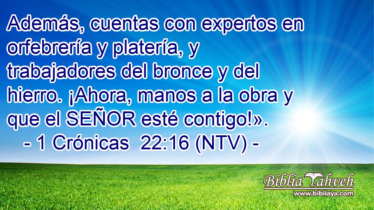 Además, cuentas con expertos en orfebrería y platería, y trabajadores del bronce y del hierro. ¡Ahora, manos a la obra y que el SEÑOR esté contigo!».