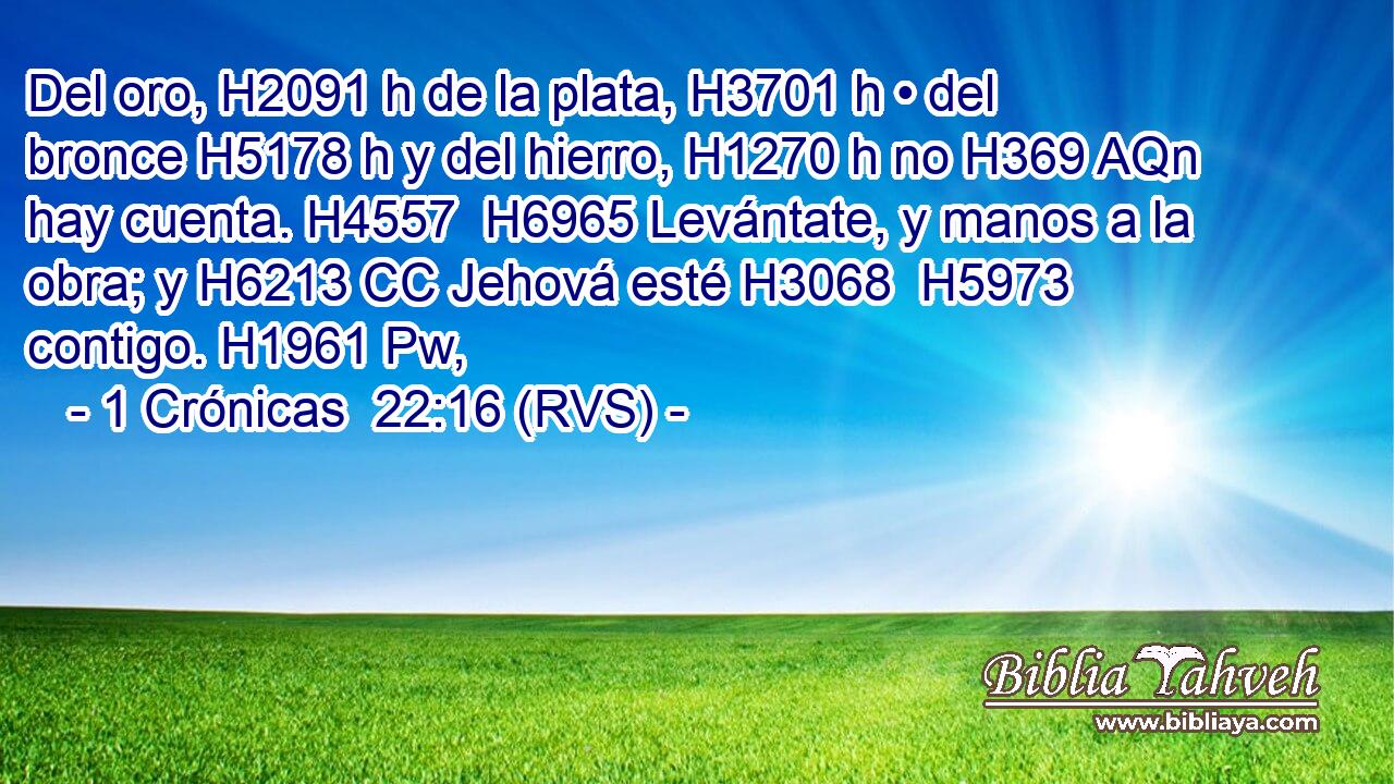 Del oro, H2091 h de la plata, H3701 h • del bronce H5178 h y del hierro, H1270 h no H369 AQn hay cuenta. H4557  H6965 Levántate, y manos a la obra; y H6213 CC Jehová esté H3068  H5973 contigo. H1961 Pw,  