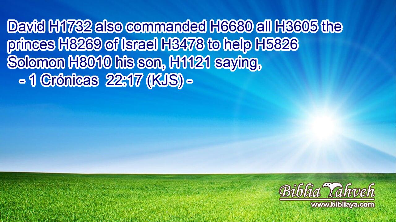 David H1732 also commanded H6680 all H3605 the princes H8269 of Israel H3478 to help H5826 Solomon H8010 his son, H1121 saying,