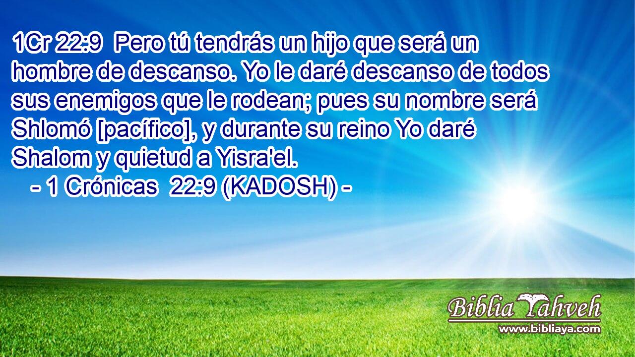  Pero tú tendrás un hijo que será un hombre de descanso. Yo le daré descanso de todos sus enemigos que le rodean; pues su nombre será Shlomó [pacífico], y durante su reino Yo daré Shalom y quietud a Yisra'el. 