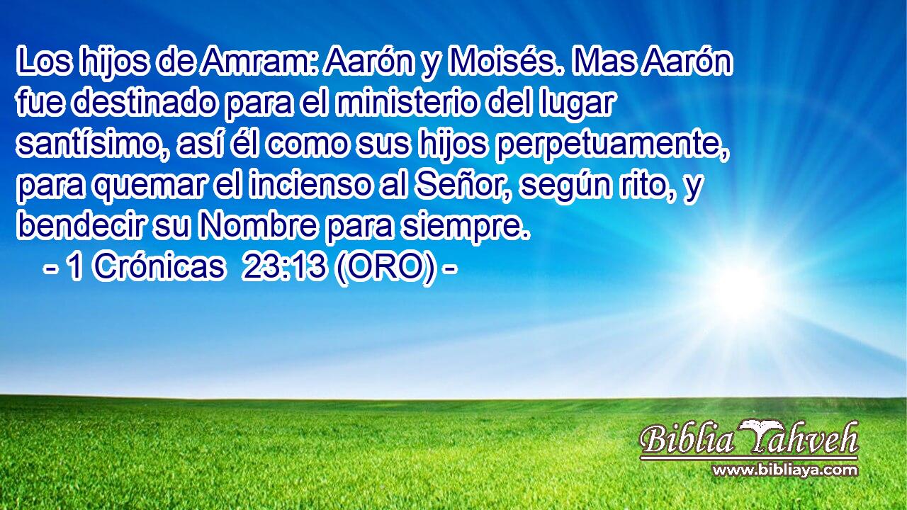  Los hijos de Amram: Aarón y Moisés. Mas Aarón fue destinado para el ministerio del lugar santísimo, así él como sus hijos perpetuamente, para quemar el incienso al Señor, según rito, y bendecir su Nombre para siempre. 