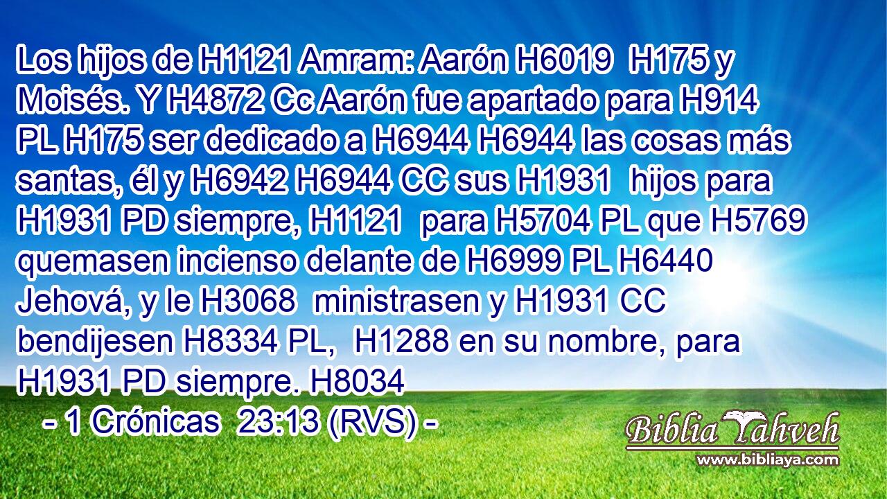 Los hijos de H1121 Amram: Aarón H6019  H175 y Moisés. Y H4872 Cc Aarón fue apartado para H914 PL H175 ser dedicado a H6944 H6944 las cosas más santas, él y H6942 H6944 CC sus H1931  hijos para H1931 PD siempre, H1121  para H5704 PL que H5769 quemasen incienso delante de H6999 PL H6440 Jehová, y le H3068  ministrasen y H1931 CC bendijesen H8334 PL,  H1288 en su nombre, para H1931 PD siempre. H8034  