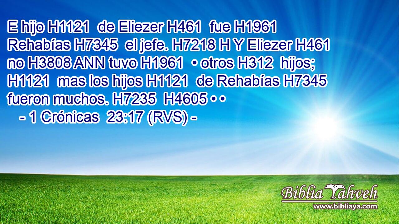 E hijo H1121  de Eliezer H461  fue H1961  Rehabías H7345  el jefe. H7218 H Y Eliezer H461  no H3808 ANN tuvo H1961  • otros H312  hijos; H1121  mas los hijos H1121  de Rehabías H7345  fueron muchos. H7235  H4605 • • 
