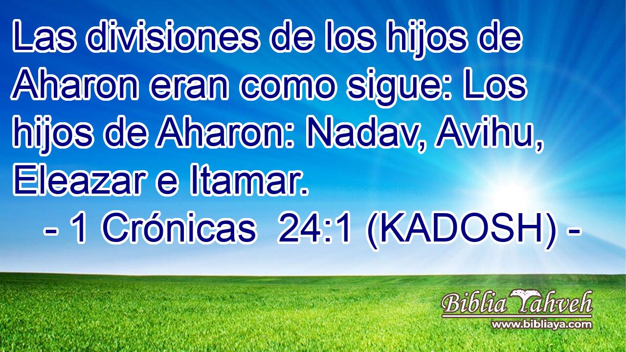  Las divisiones de los hijos de Aharon eran como sigue: Los hijos de Aharon: Nadav, Avihu, Eleazar e Itamar. 