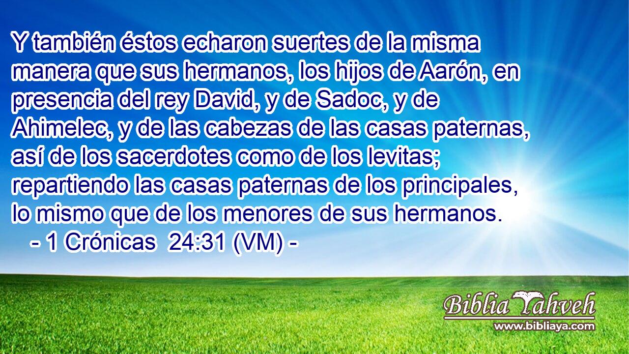  Y también éstos echaron suertes de la misma manera que sus hermanos, los hijos de Aarón, en presencia del rey David, y de Sadoc, y de Ahimelec, y de las cabezas de las casas paternas, así de los sacerdotes como de los levitas; repartiendo las casas paternas de los principales, lo mismo que de los menores de sus hermanos. 