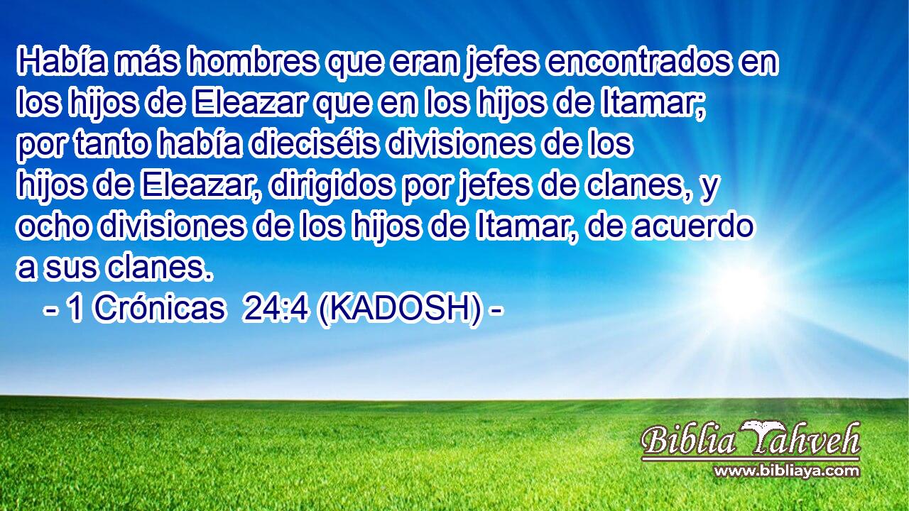  Había más hombres que eran jefes encontrados en los hijos de Eleazar que en los hijos de Itamar; por tanto había dieciséis divisiones de los hijos de Eleazar, dirigidos por jefes de clanes, y ocho divisiones de los hijos de Itamar, de acuerdo a sus clanes. 