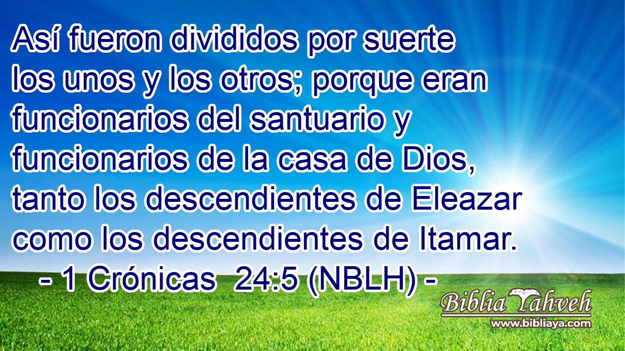  Así fueron divididos por suerte los unos y los otros; porque eran funcionarios del santuario y funcionarios de la casa de Dios, tanto los descendientes de Eleazar como los descendientes de Itamar. 