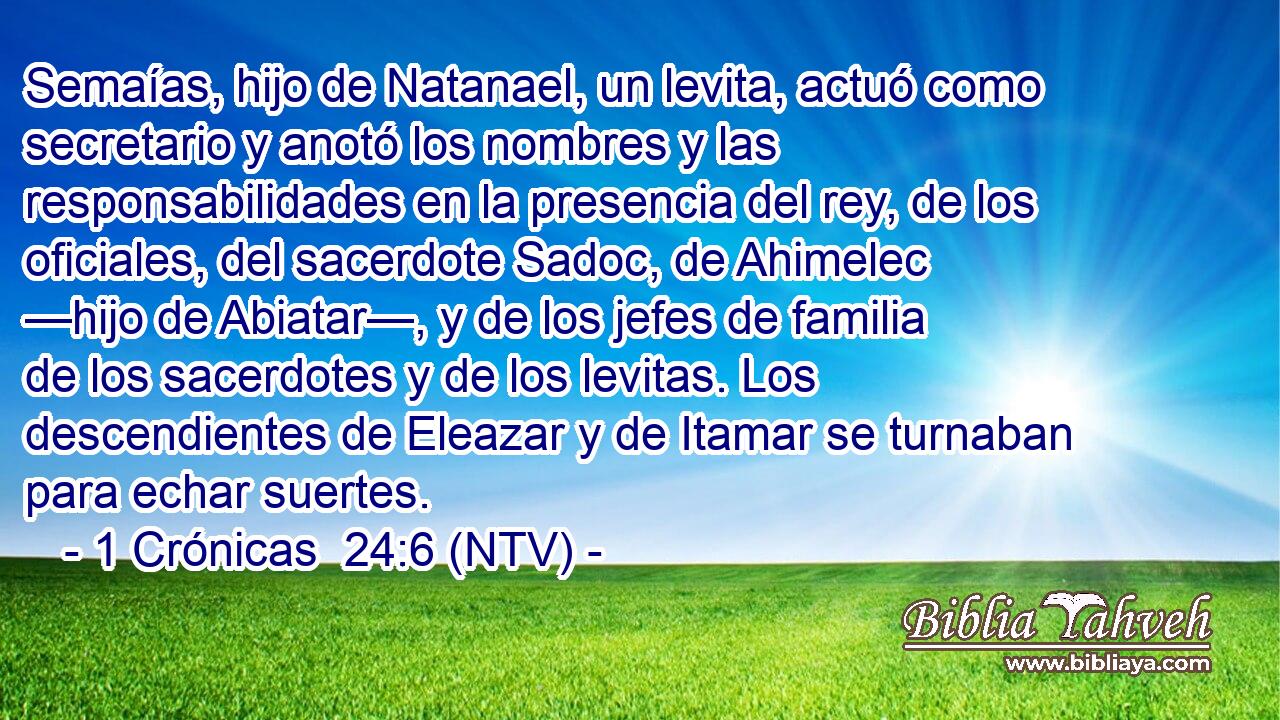 Semaías, hijo de Natanael, un levita, actuó como secretario y anotó los nombres y las responsabilidades en la presencia del rey, de los oficiales, del sacerdote Sadoc, de Ahimelec —hijo de Abiatar—, y de los jefes de familia de los sacerdotes y de los levitas. Los descendientes de Eleazar y de Itamar se turnaban para echar suertes.