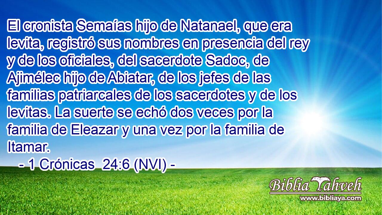  El cronista Semaías hijo de Natanael, que era levita, registró sus nombres en presencia del rey y de los oficiales, del sacerdote Sadoc, de Ajimélec hijo de Abiatar, de los jefes de las familias patriarcales de los sacerdotes y de los levitas. La suerte se echó dos veces por la familia de Eleazar y una vez por la familia de Itamar. 