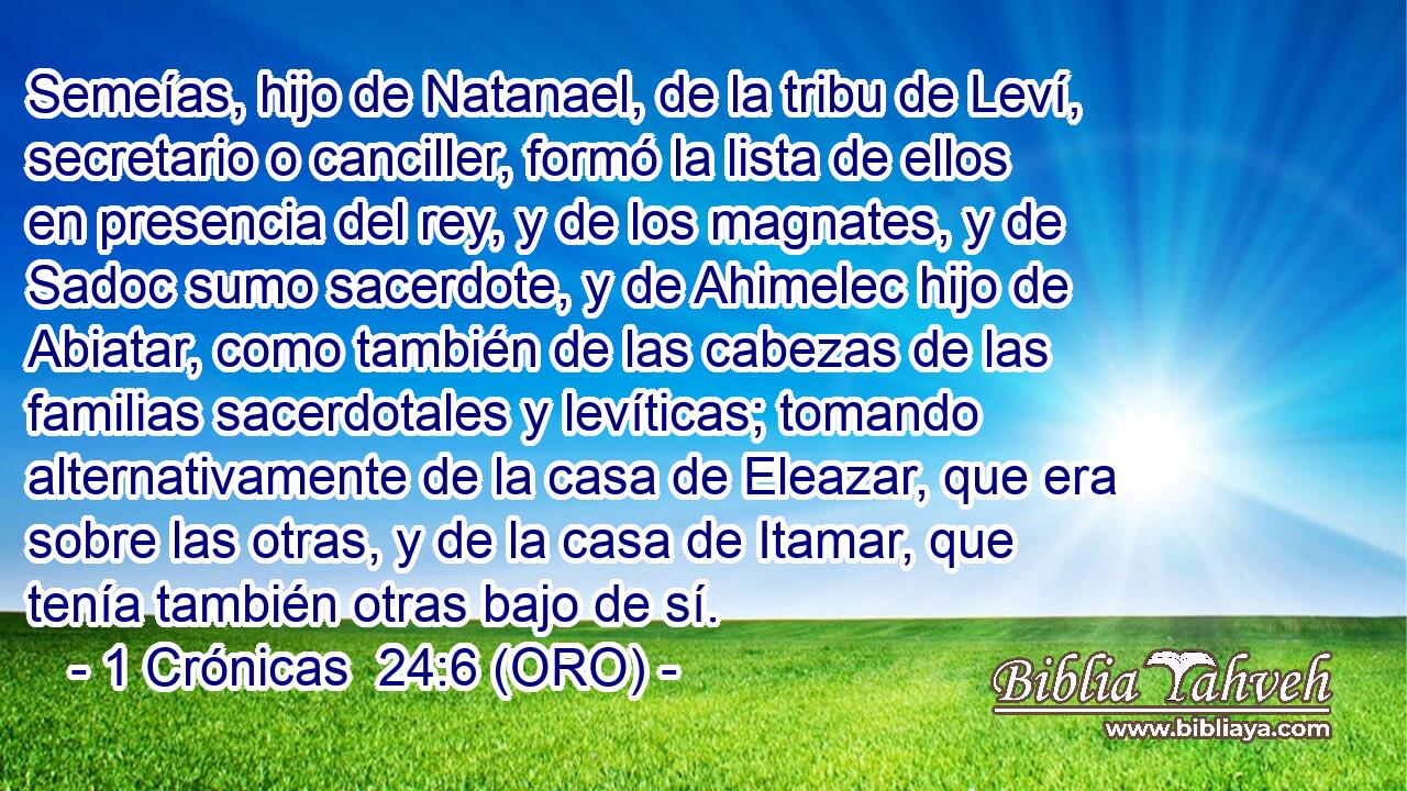  Semeías, hijo de Natanael, de la tribu de Leví, secretario o canciller, formó la lista de ellos en presencia del rey, y de los magnates, y de Sadoc sumo sacerdote, y de Ahimelec hijo de Abiatar, como también de las cabezas de las familias sacerdotales y levíticas; tomando alternativamente de la casa de Eleazar, que era sobre las otras, y de la casa de Itamar, que tenía también otras bajo de sí. 