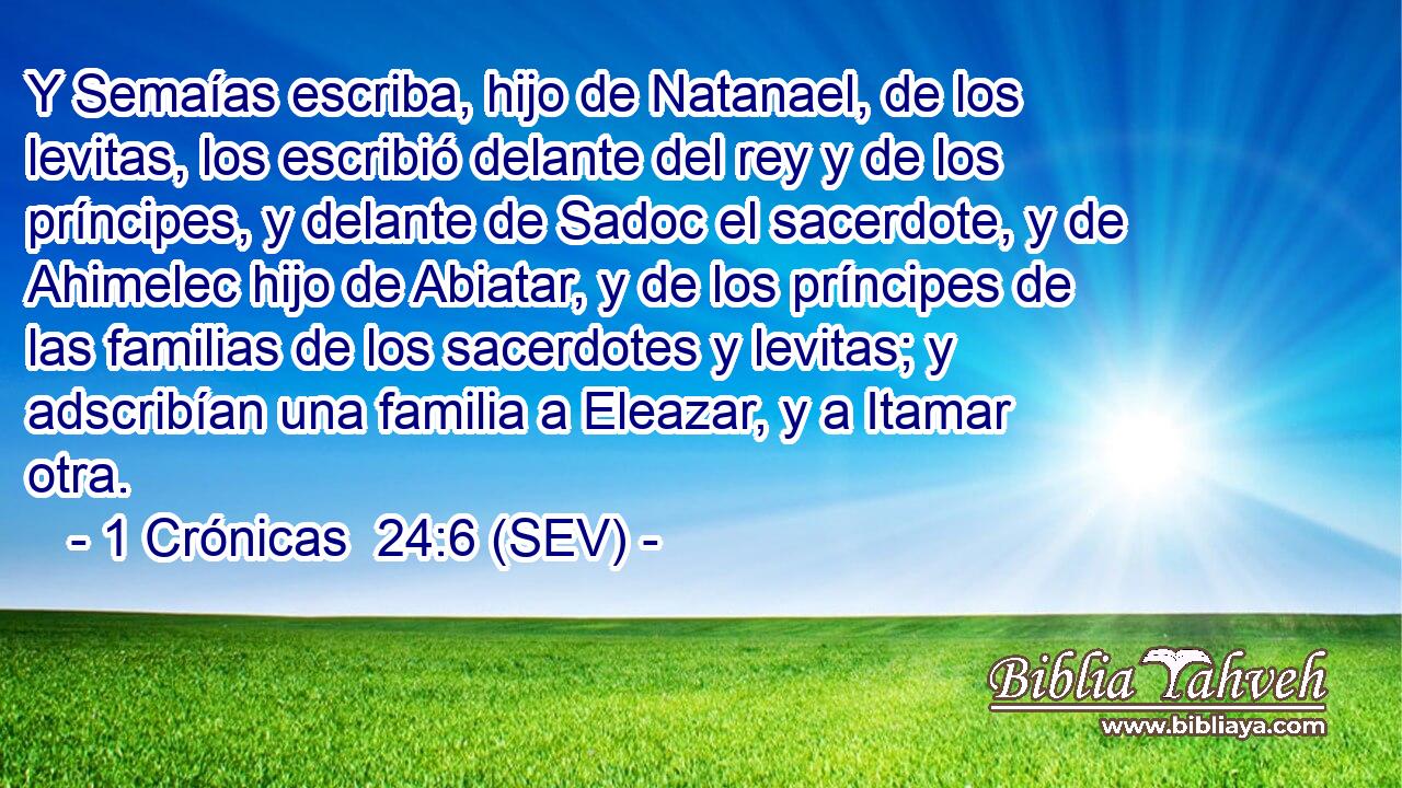 Y Semaías escriba, hijo de Natanael, de los levitas, los escribió delante del rey y de los príncipes, y delante de Sadoc el sacerdote, y de Ahimelec hijo de Abiatar, y de los príncipes de las familias de los sacerdotes y levitas; y adscribían una familia a Eleazar, y a Itamar otra.