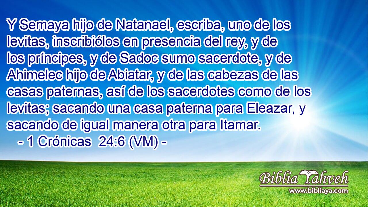  Y Semaya hijo de Natanael, escriba, uno de los levitas, inscribiólos en presencia del rey, y de los príncipes, y de Sadoc sumo sacerdote, y de Ahimelec hijo de Abiatar, y de las cabezas de las casas paternas, así de los sacerdotes como de los levitas; sacando una casa paterna para Eleazar, y sacando de igual manera otra para Itamar. 