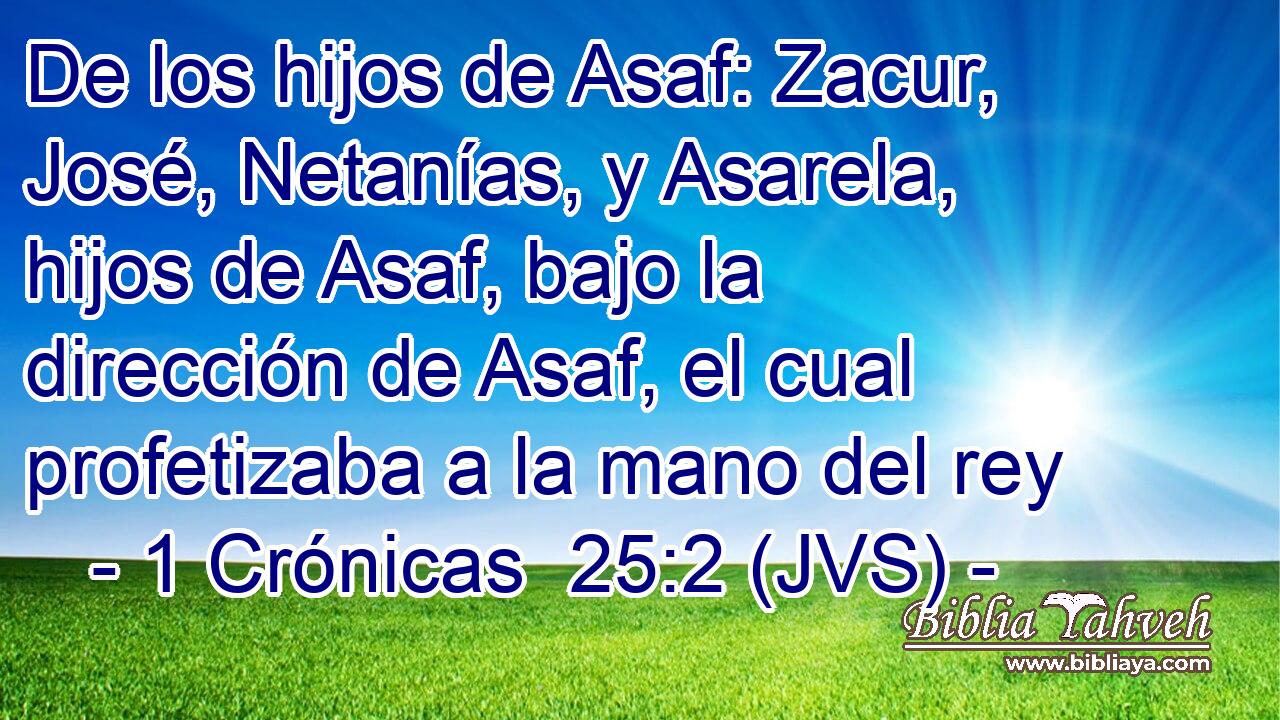 De los hijos de Asaf: Zacur, José, Netanías, y Asarela, hijos de Asaf, bajo la dirección de Asaf, el cual profetizaba a la mano del rey