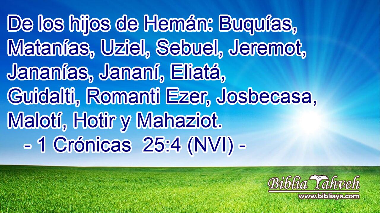 De los hijos de Hemán: Buquías, Matanías, Uziel, Sebuel, Jeremot, Jananías, Jananí, Eliatá, Guidalti, Romanti Ezer, Josbecasa, Malotí, Hotir y Mahaziot. 