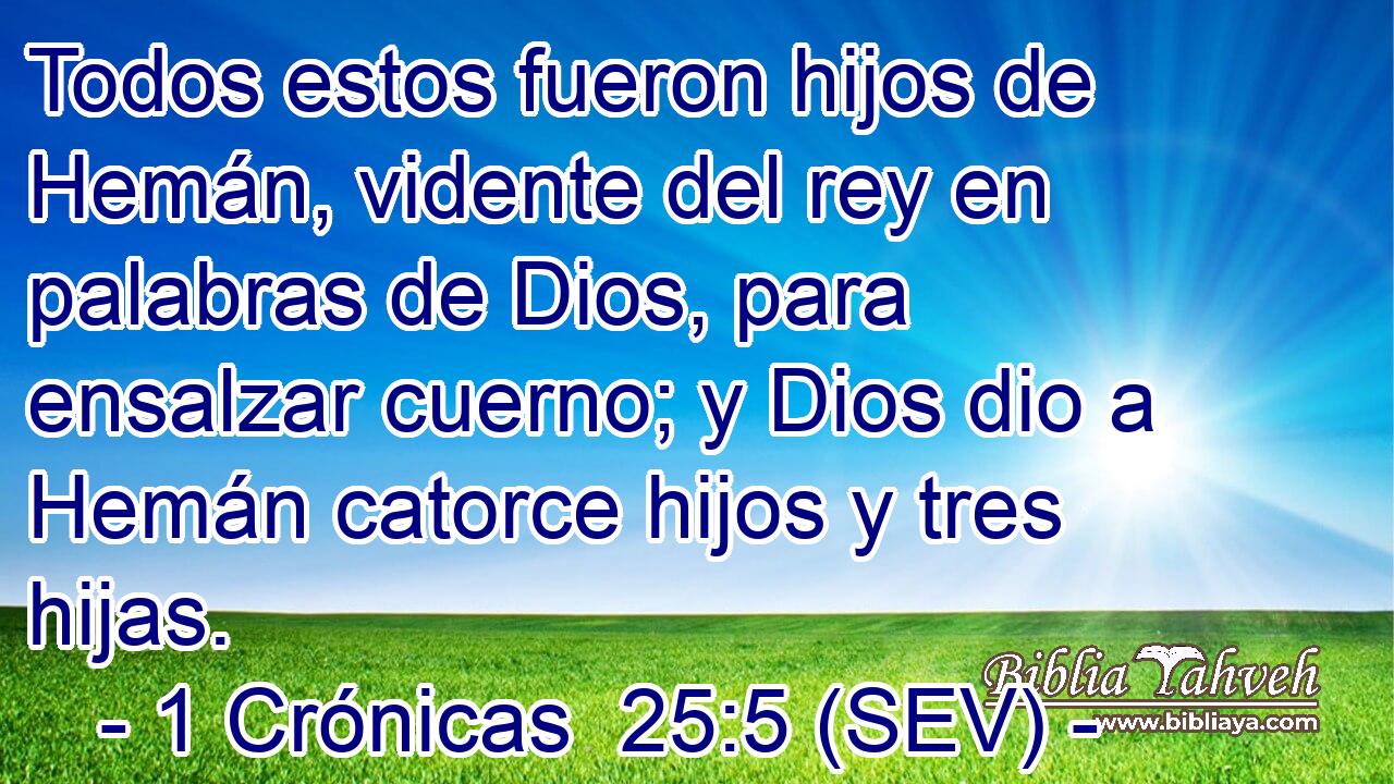 Todos estos fueron hijos de Hemán, vidente del rey en palabras de Dios, para ensalzar cuerno; y Dios dio a Hemán catorce hijos y tres hijas.