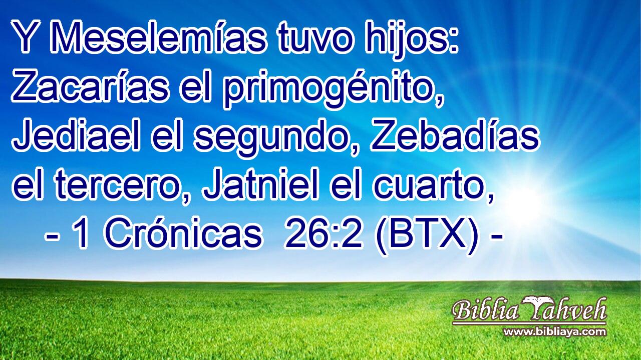 Y Meselemías tuvo hijos: Zacarías el primogénito, Jediael el segundo, Zebadías el tercero, Jatniel el cuarto,