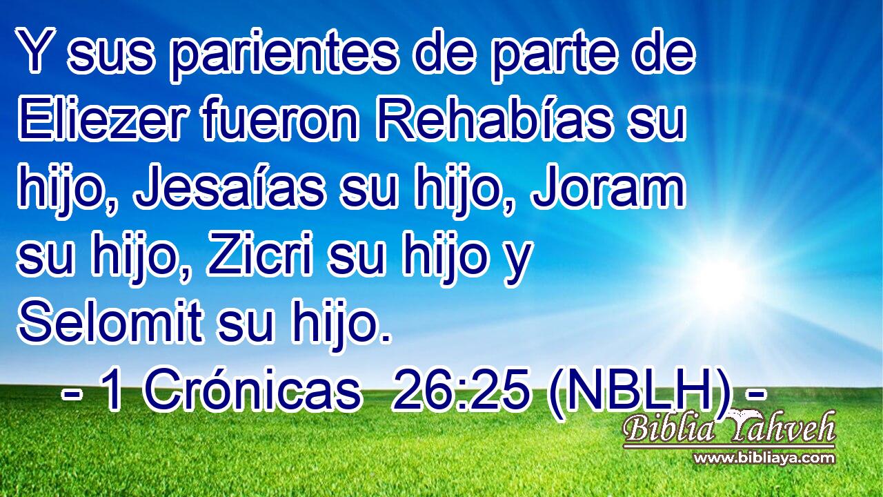  Y sus parientes de parte de Eliezer fueron Rehabías su hijo, Jesaías su hijo, Joram su hijo, Zicri su hijo y Selomit su hijo. 