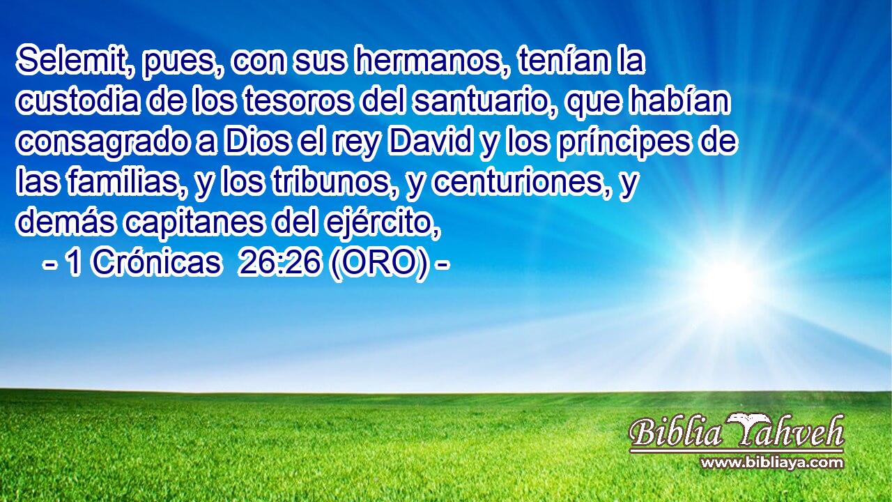  Selemit, pues, con sus hermanos, tenían la custodia de los tesoros del santuario, que habían consagrado a Dios el rey David y los príncipes de las familias, y los tribunos, y centuriones, y demás capitanes del ejército, 