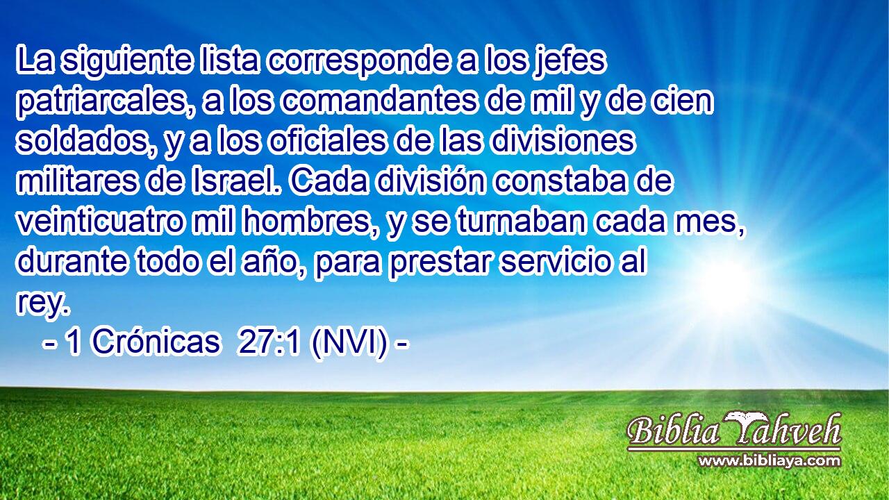 La siguiente lista corresponde a los jefes patriarcales, a los comandantes de mil y de cien soldados, y a los oficiales de las divisiones militares de Israel. Cada división constaba de veinticuatro mil hombres, y se turnaban cada mes, durante todo el año, para prestar servicio al rey. 