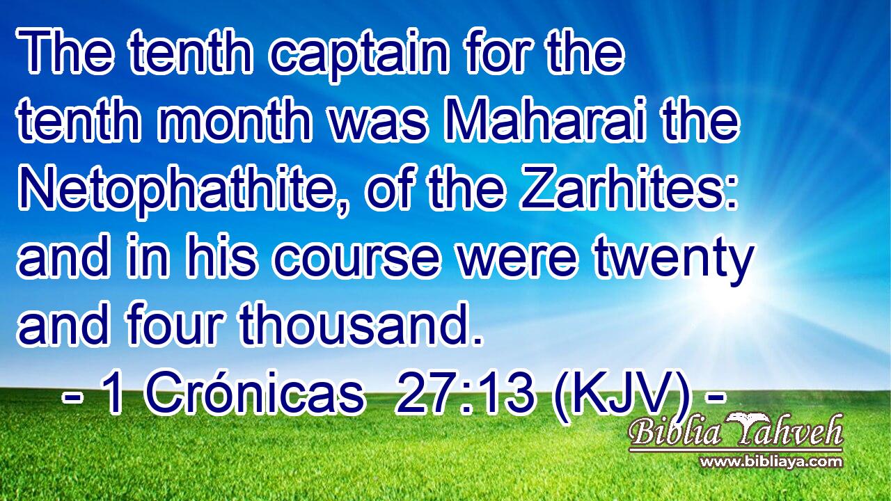 The tenth captain for the tenth month was Maharai the Netophathite, of the Zarhites: and in his course were twenty and four thousand.