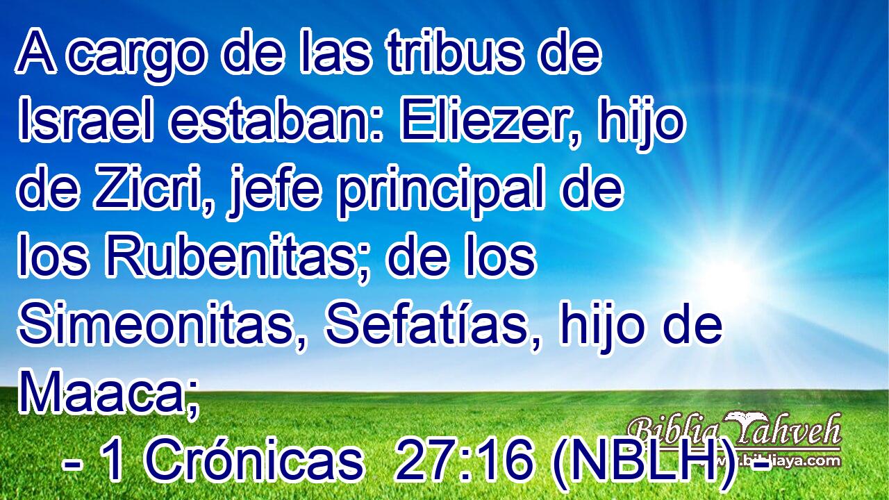  A cargo de las tribus de Israel estaban: Eliezer, hijo de Zicri, jefe principal de los Rubenitas; de los Simeonitas, Sefatías, hijo de Maaca; 