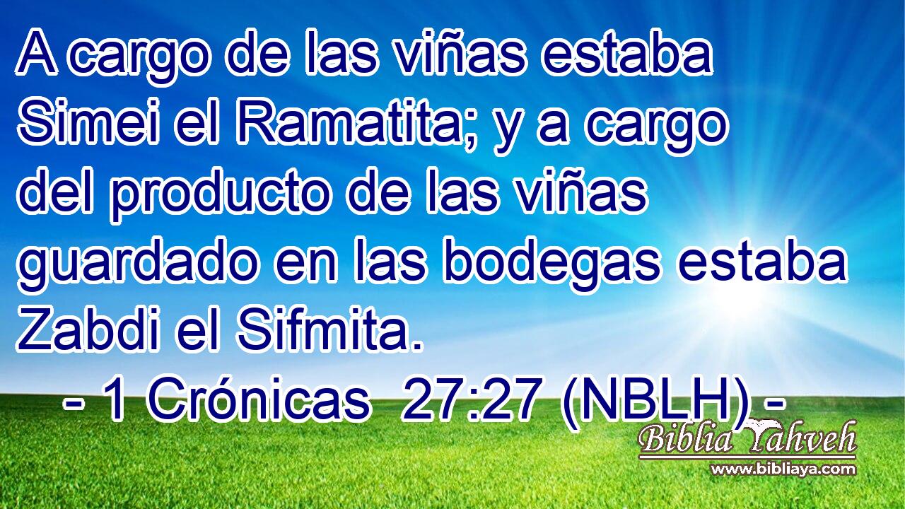  A cargo de las viñas estaba Simei el Ramatita; y a cargo del producto de las viñas guardado en las bodegas estaba Zabdi el Sifmita. 