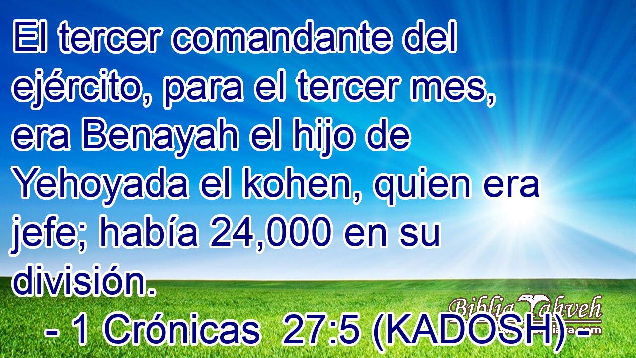  El tercer comandante del ejército, para el tercer mes, era Benayah el hijo de Yehoyada el kohen, quien era jefe; había 24,000 en su división. 