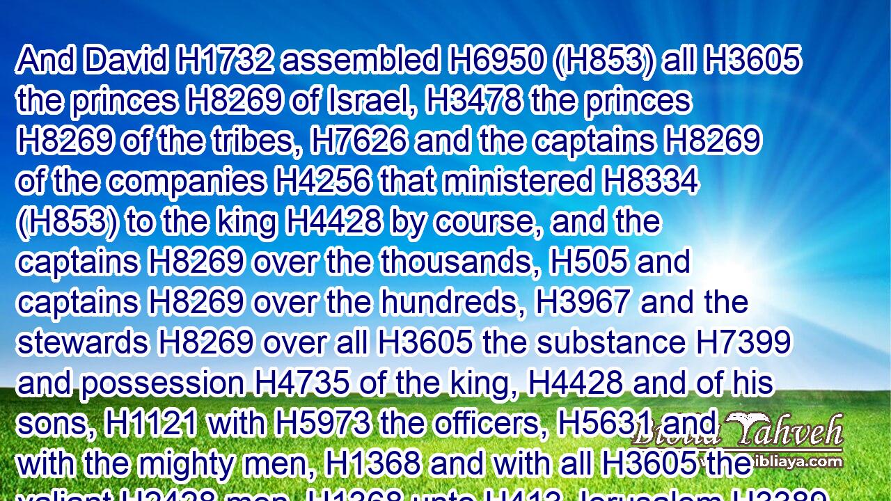 And David H1732 assembled H6950 (H853) all H3605 the princes H8269 of Israel, H3478 the princes H8269 of the tribes, H7626 and the captains H8269 of the companies H4256 that ministered H8334 (H853) to the king H4428 by course, and the captains H8269 over the thousands, H505 and captains H8269 over the hundreds, H3967 and the stewards H8269 over all H3605 the substance H7399 and possession H4735 of the king, H4428 and of his sons, H1121 with H5973 the officers, H5631 and with the mighty men, H1368 and with all H3605 the valiant H2428 men, H1368 unto H413 Jerusalem.H3389
