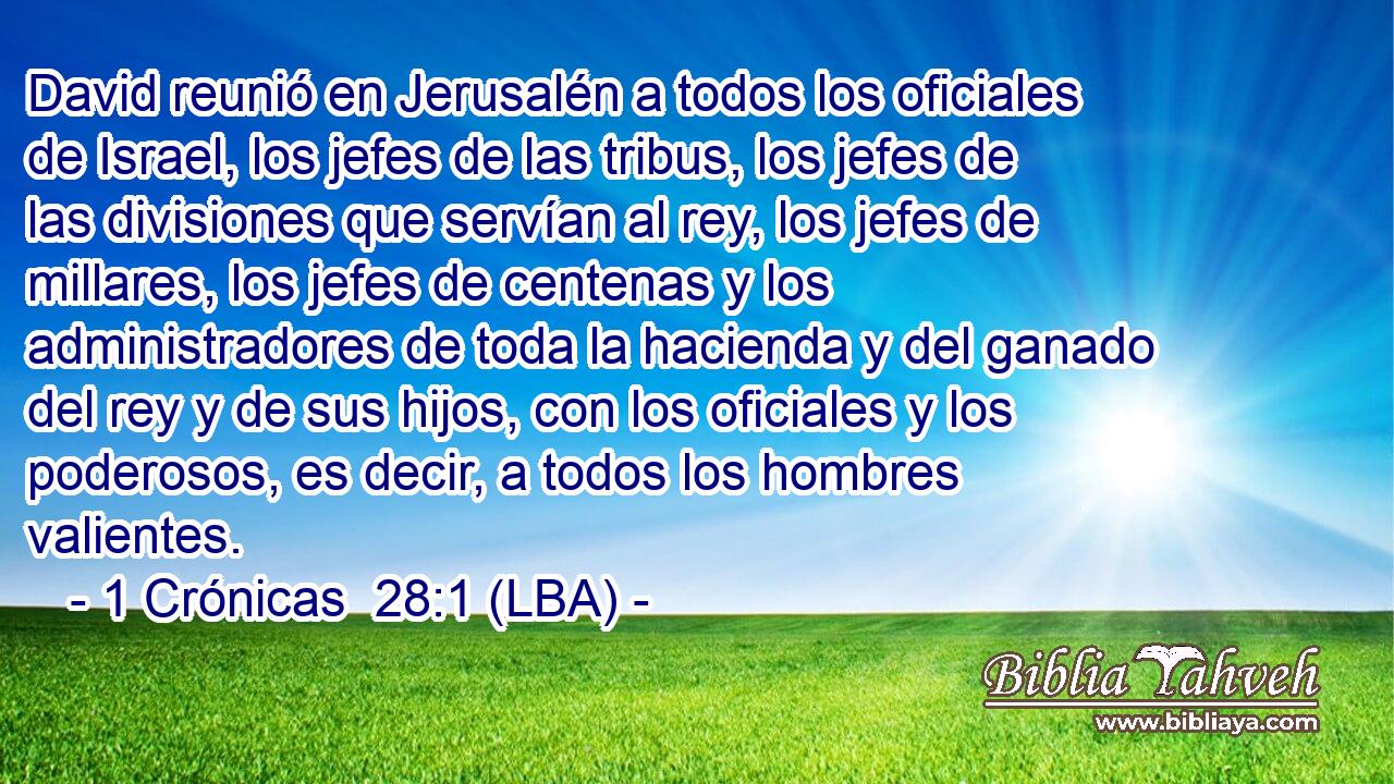 David reunió en Jerusalén a todos los oficiales de Israel, los jefes de las tribus, los jefes de las divisiones que servían al rey, los jefes de millares, los jefes de centenas y los administradores de toda la hacienda y del ganado del rey y de sus hijos, con los oficiales y los poderosos, es decir, a todos los hombres valientes.